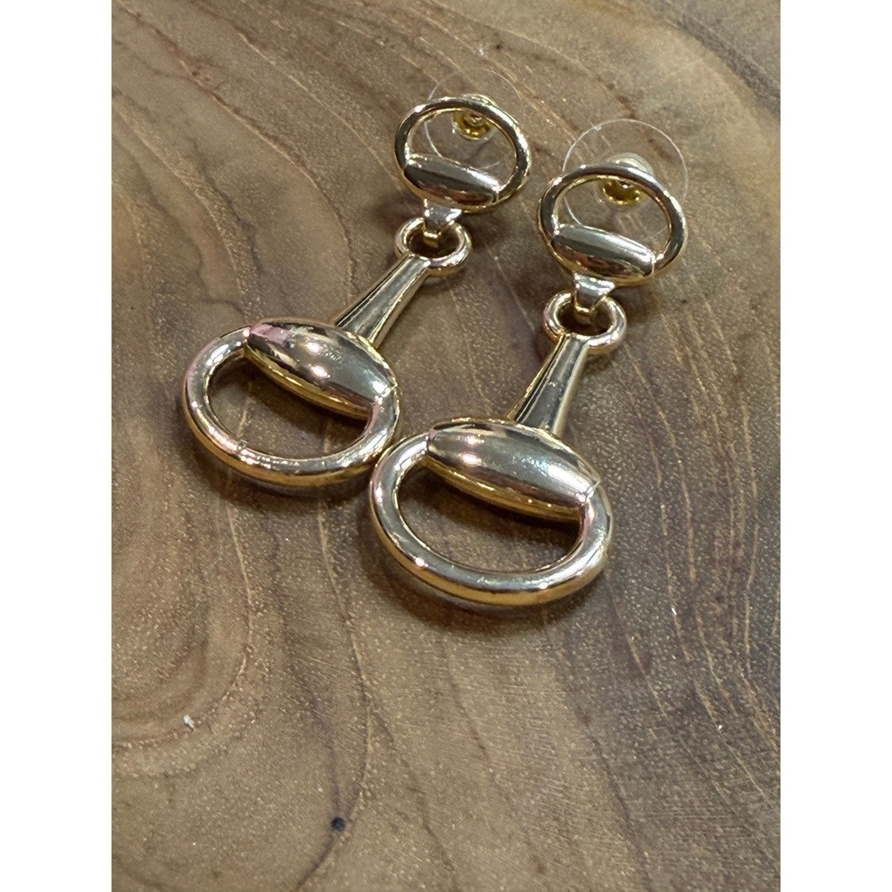 Gold Tone Horsebit Drop Earrings Equestrian Snaffle Bit Statement Dangles NEW
